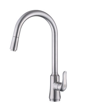 Sleek stainless steel kitchen faucet with a curved spout and single lever handle.